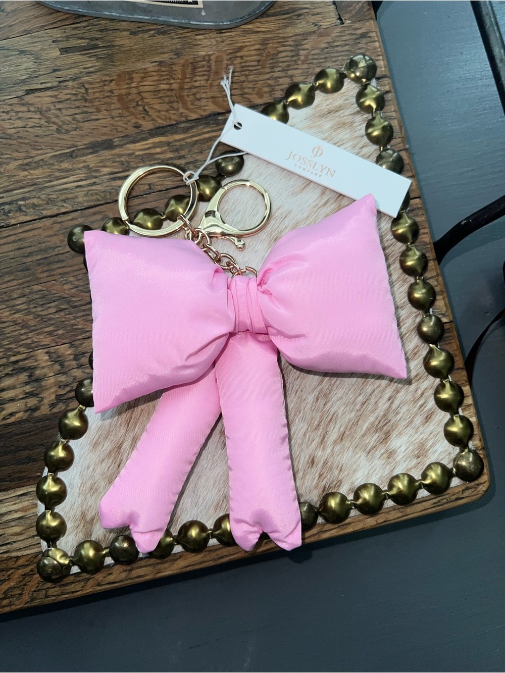 Josslyn Pink Satin Bow Keychain with Gold Hardware